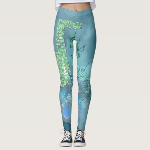 Blue  Green Music Notes Abstract Leggings