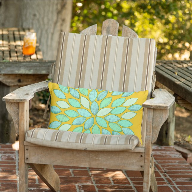 Blue Green Mustard Chrysanthemum Modern Floral Outdoor Pillow (Chair)