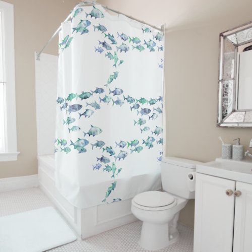 Blue Green Nautical Fish Watercolor  Shower Curtain