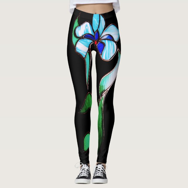 Blue green neon flowers on black leggings (Front)