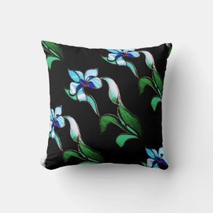Blue green neon flowers on black throw pillow
