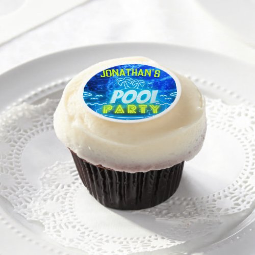 Blue Green Neon Glowing Boys Birthday Pool Party Edible Frosting Rounds