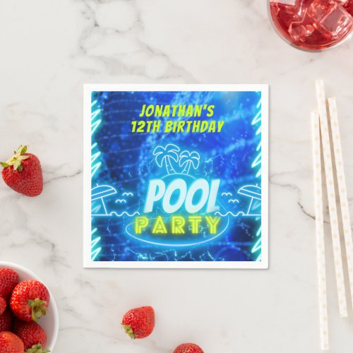 Blue Green Neon Glowing Boys Birthday Pool Party Napkins