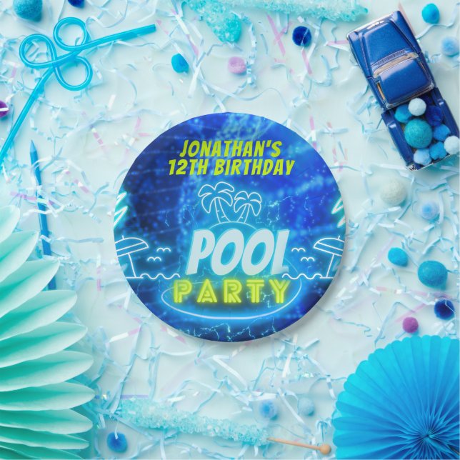 Blue Green Neon Glowing Boys Birthday Pool Party Paper Plates (Party)