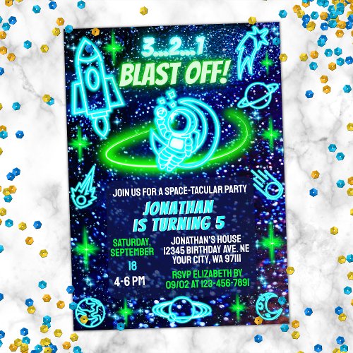 Blue Green Neon Glowing Outer Space Boys Birthday Invitation