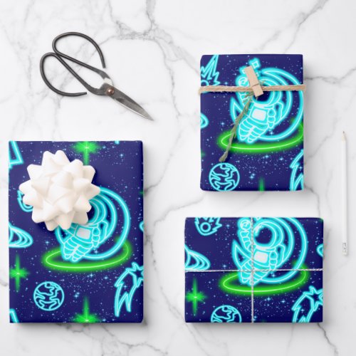 Blue Green Neon Glowing Space Astronaut Rockets Wrapping Paper Sheets