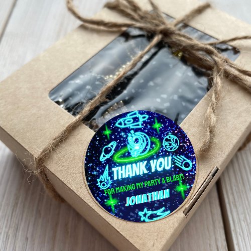 Blue Green Neon Glowing Space Astronaut Thank You Classic Round Sticker