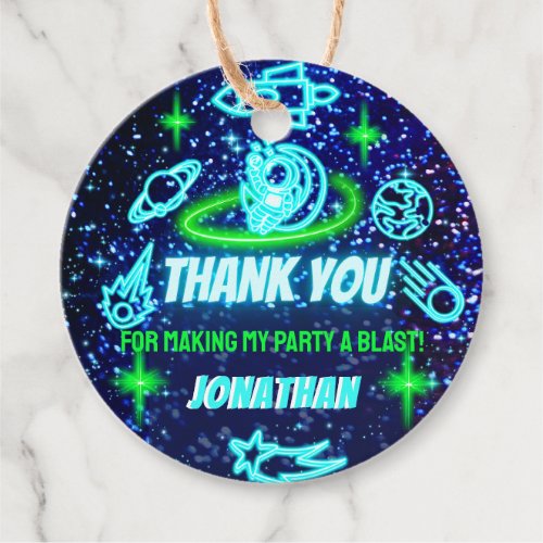 Blue Green Neon Glowing Space Planets Thank You Favor Tags