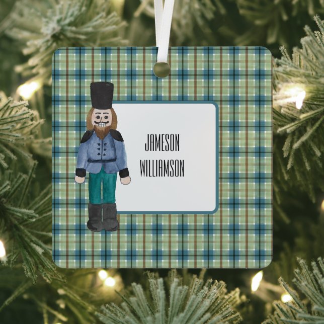 Blue & Green Nutcracker on Plaid Metal Ornament (Insitu)