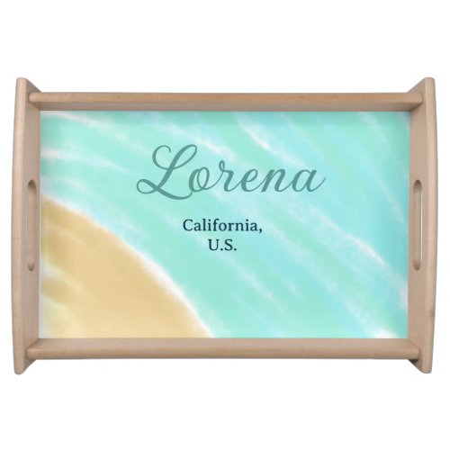 Blue green ocean add monogram letter name title  serving tray