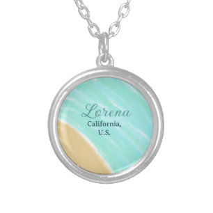 Blue green ocean add monogram letter name title silver plated necklace