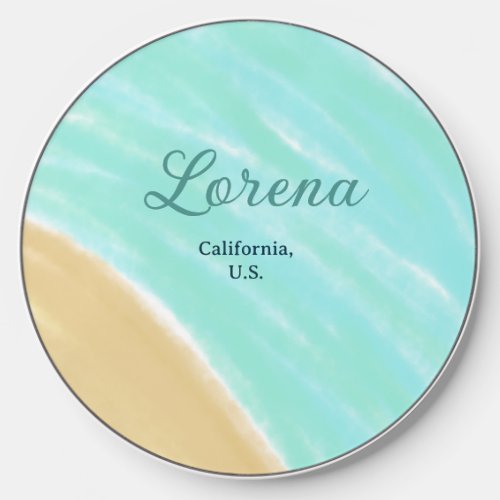 Blue green ocean add monogram letter name title  wireless charger 