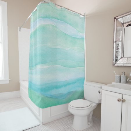 Blue Green Ocean Layers Watercolor Pattern Shower Curtain