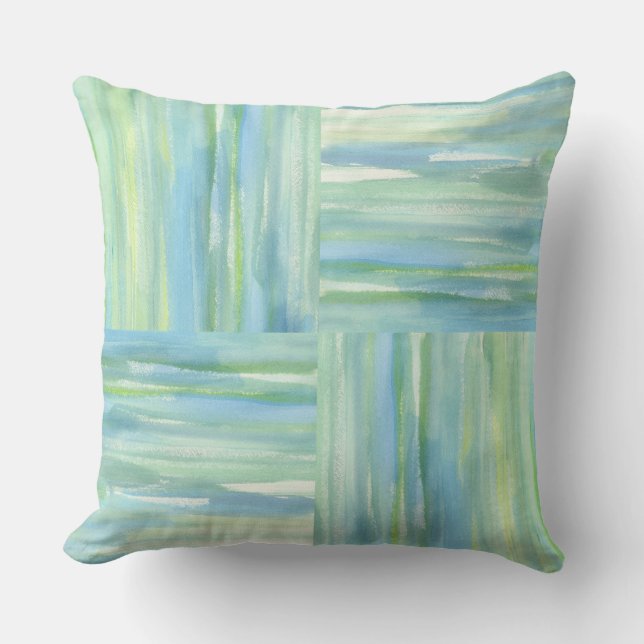 Blue green ocean squares watercolor abstract throw pillow (Front)