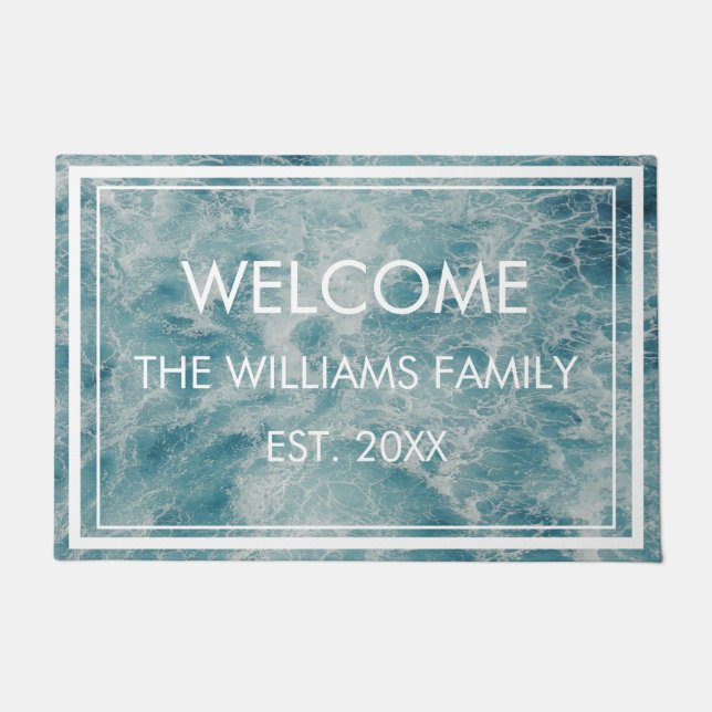 Blue Green Ocean Summer Beach Family Name Custom  Doormat (Front)