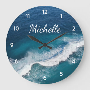 Blue Green Ocean Summer Beach Waves  Custom  Name Large Clock