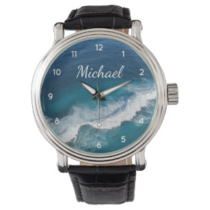 Blue Green Ocean Summer Beach Waves Custom Name Watch