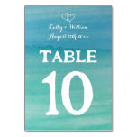Blue green ocean watercolor drawing beach wedding table number