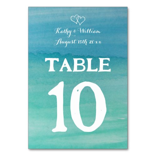 Blue green ocean watercolor drawing beach wedding table number