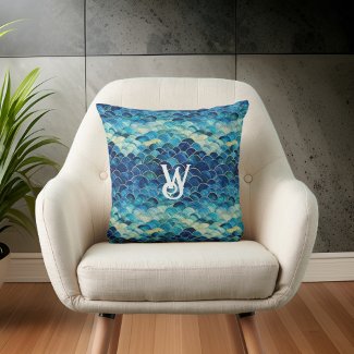 Blue Green Ocean Wave Mermaid Scales Monogram