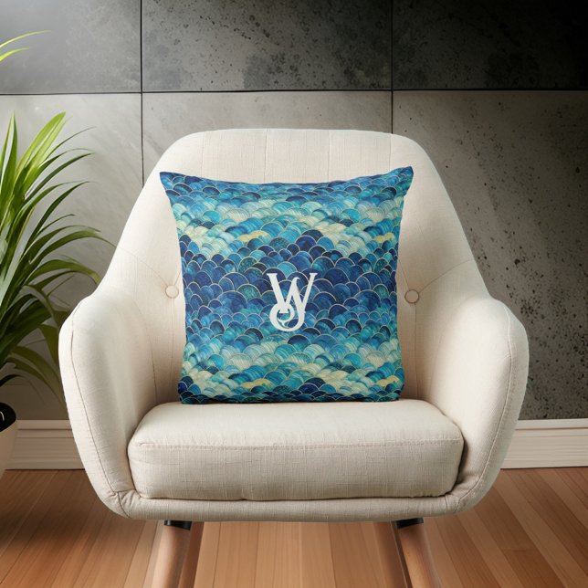 Blue Green Ocean Wave Mermaid Scales Monogram Throw Pillow (Creator Uploaded)