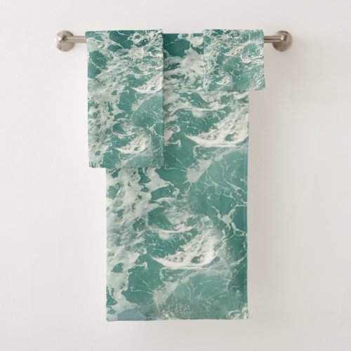 Blue Green Ocean Waves Bath Towel Set