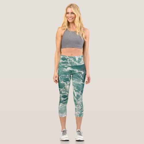 Blue Green Ocean Waves Capri Leggings