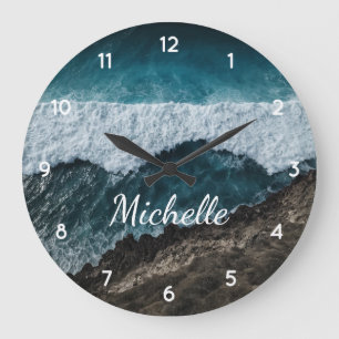 Blue Green Ocean Waves crashing against rocks Large Clock