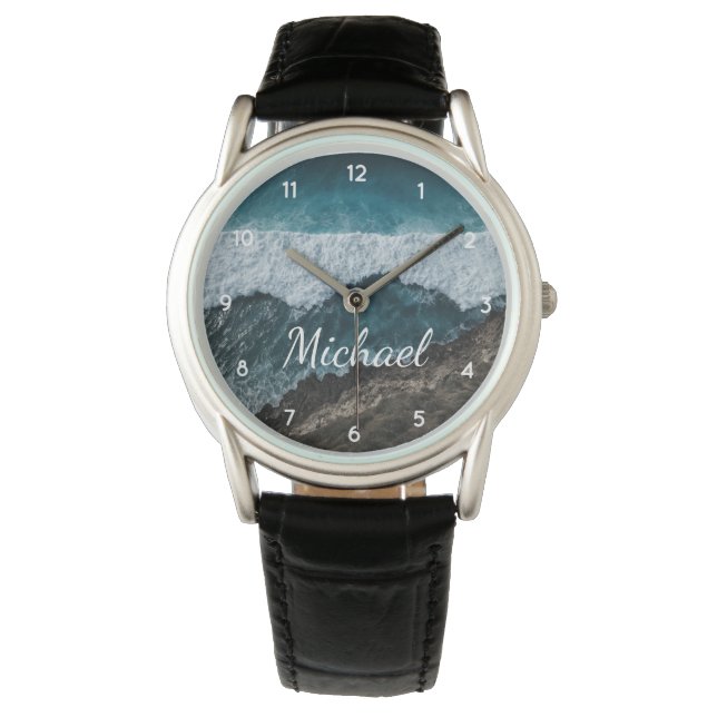 Blue Green Ocean Waves crashing against rocks  Watch (Front)