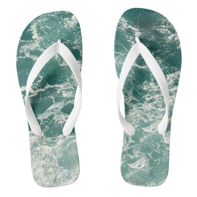 Blue Green Ocean Waves Flip Flops (Footbed)