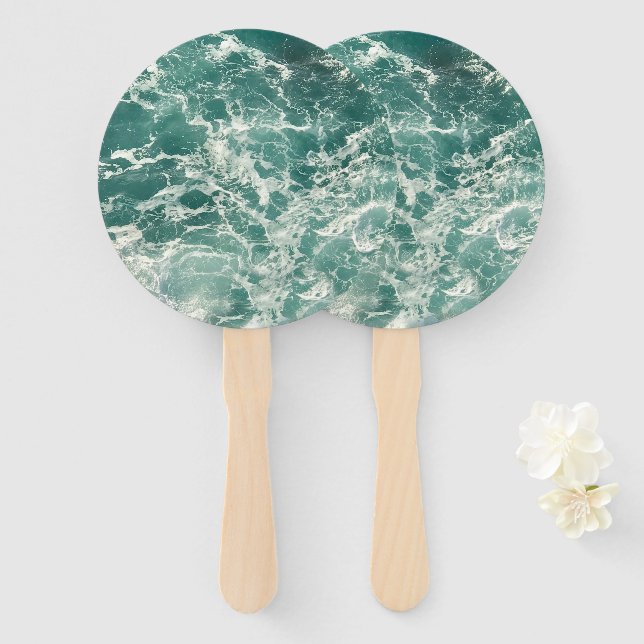 Blue Green Ocean Waves Hand Fan (Front and Back)