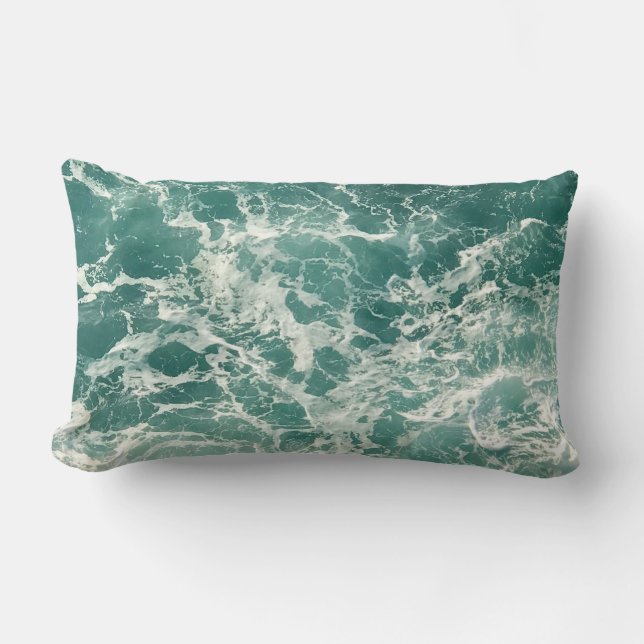 Blue Green Ocean Waves Lumbar Pillow (Front)
