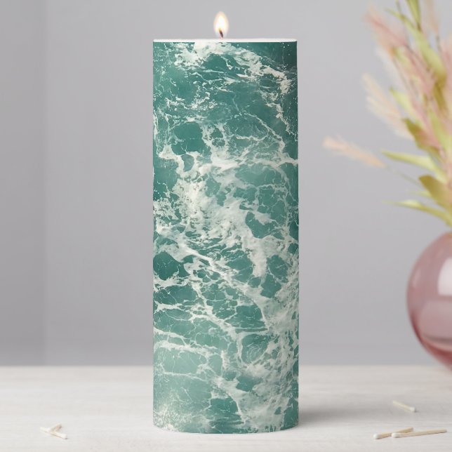 Blue Green Ocean Waves Pillar Candle (In Situ)
