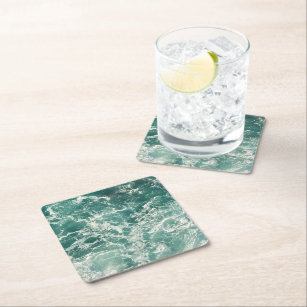 Blue Green Ocean Waves Square Paper Coaster