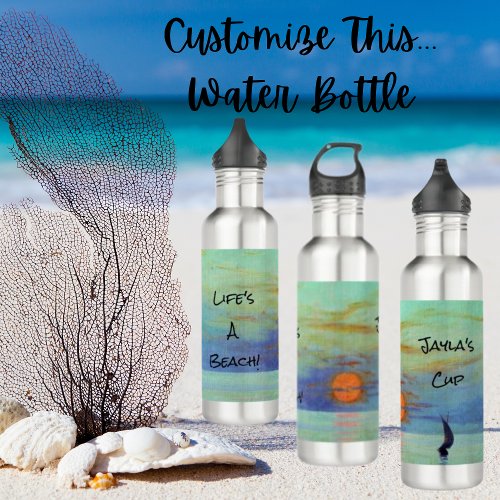 Blue Green Ocean Waves Sunset Customizable Stainless Steel Water Bottle