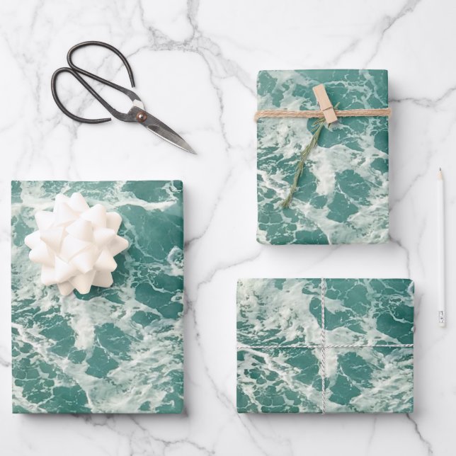 Blue Green Ocean Waves Wrapping Paper Sheets (Front)
