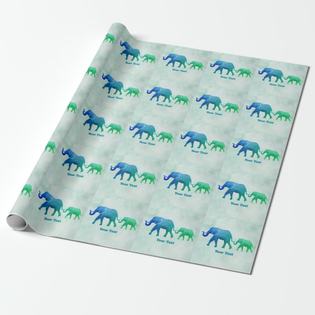 Blue Green Ombre Elephant Cow Calf Wrapping Paper (Unrolled)