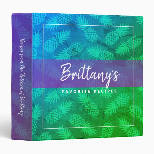 Blue green ombre recipe cookbook pineapple bold 3 ring binder (Front/Spine)