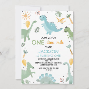 Blue Green One Dino Mite Dinosaur 1st Birthday Invitation