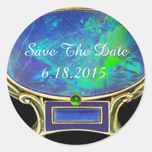 BLUE GREEN OPAL ANTIQUE GOLD JEWEL Save The Date Classic Round Sticker
