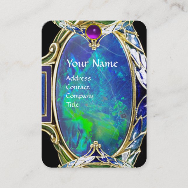 BLUE GREEN OPAL ,ART NOUVEAU GOLD JEWEL MONOGRAM BUSINESS CARD (Front)