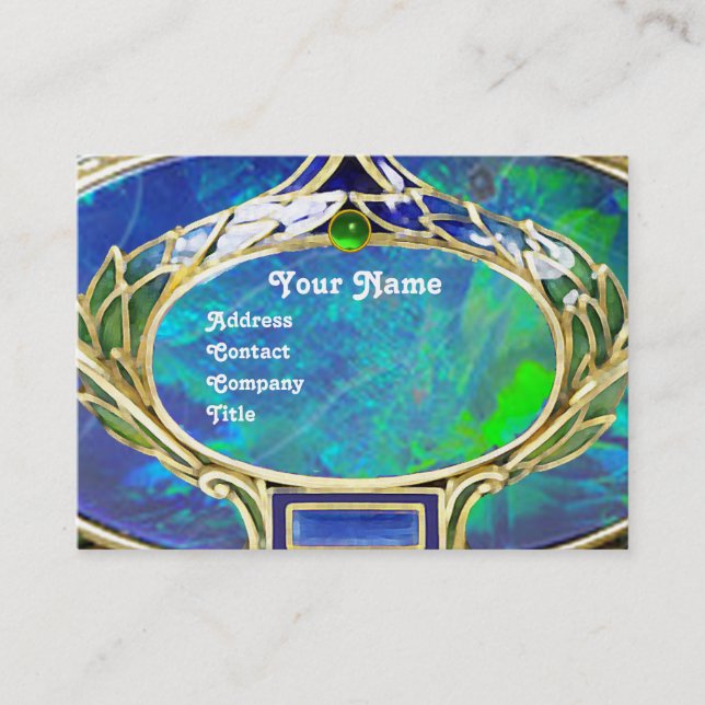 BLUE GREEN OPAL ,ART NOUVEAU GOLD JEWEL MONOGRAM BUSINESS CARD (Front)