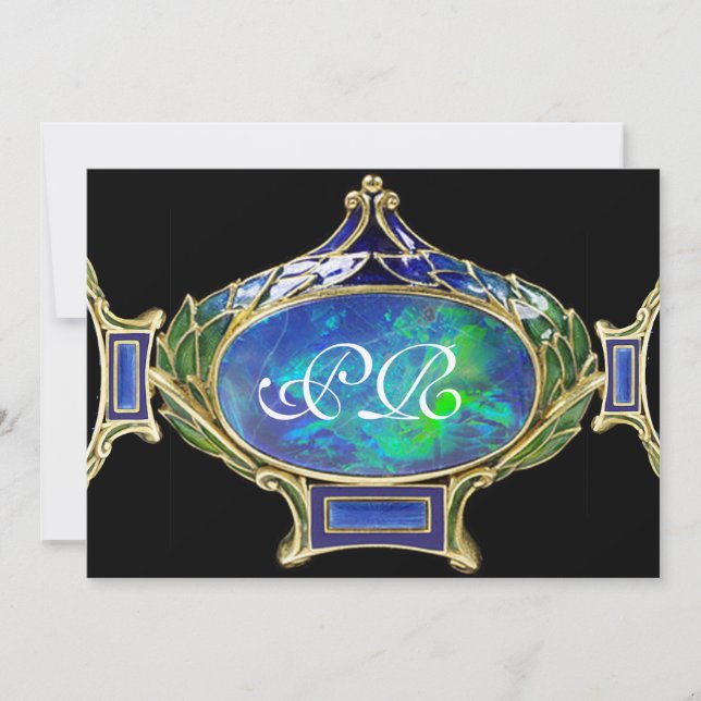 BLUE GREEN OPAL ,ART NOUVEAU GOLD JEWEL MONOGRAM INVITATION (Front)