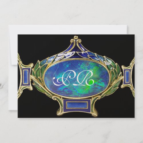 BLUE GREEN OPAL ART NOUVEAU GOLD JEWEL MONOGRAM INVITATION