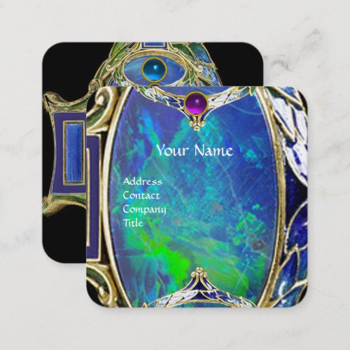 BLUE GREEN OPAL ART NOUVEAU GOLD JEWEL MONOGRAM SQUARE BUSINESS CARD