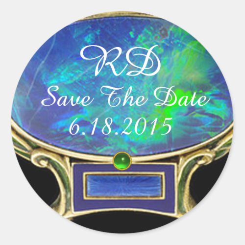 BLUE GREEN OPAL GOLD JEWEL Save The Date Monogram Classic Round Sticker