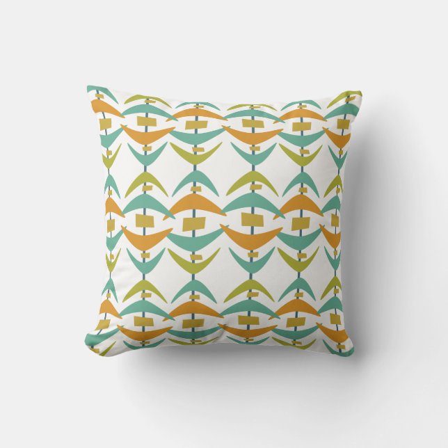 Blue Green Orange Boomerangs Mid-Century Pattern Throw Pillow (Front)