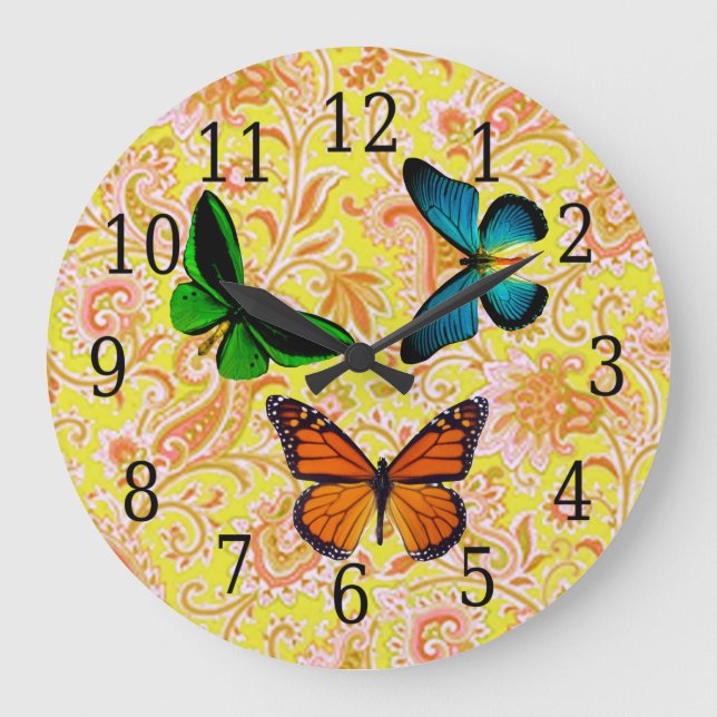Blue, Green, Orange Butterflies On Paisley Clock (Front)