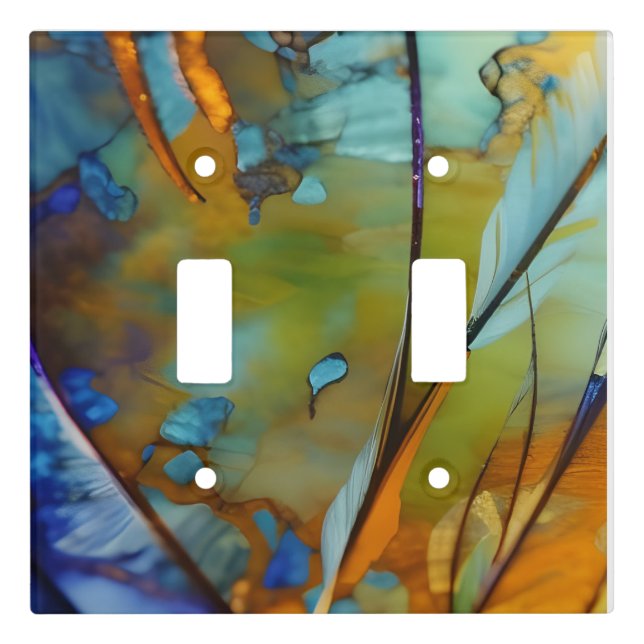  blue green orange gold feather abstract light switch cover (Front)