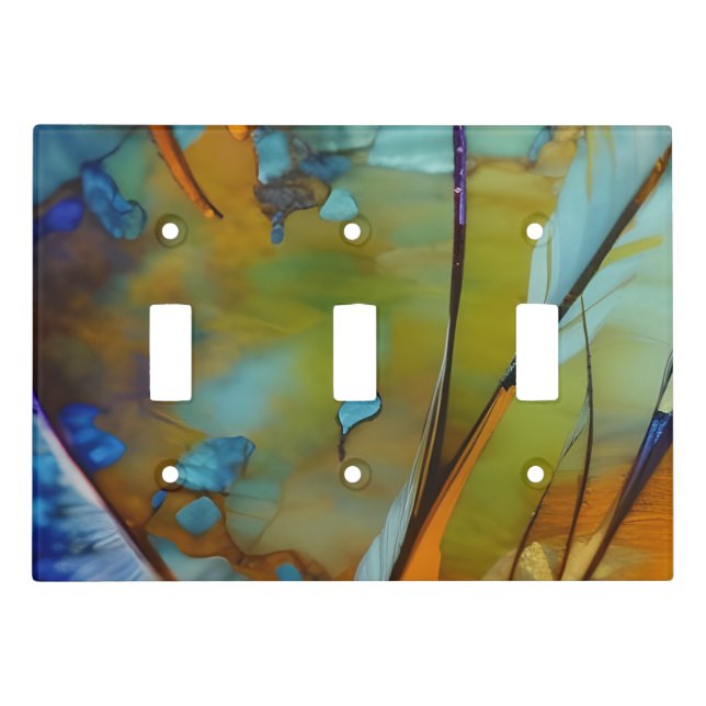  blue green orange gold feather abstract light switch cover (Front)